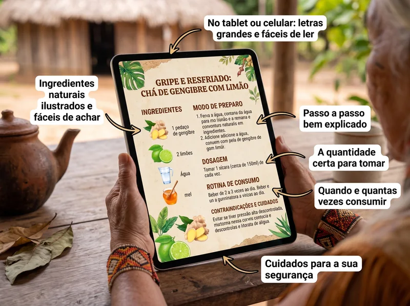 Ilustração do livro digital aberto em um tablet, com destaques para ingredientes, modo de preparo, medidas e cuidados.